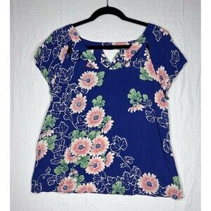 Anthropologie Maeve Floral Blue Short Sleeve Top Cutout Bohemian Sz 4